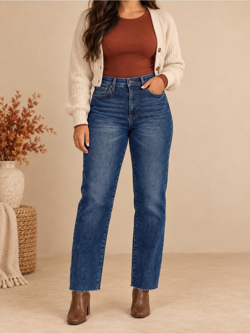 Fashion Nova Women's Straight Leg Jeans in Dark Blue Wash